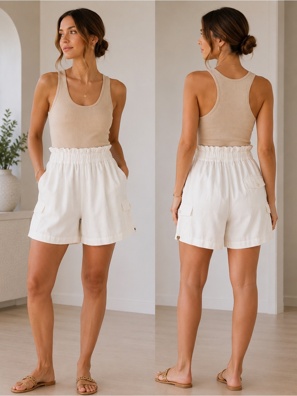 La Vie En Rose High-Waist Cargo Shorts in Off-White